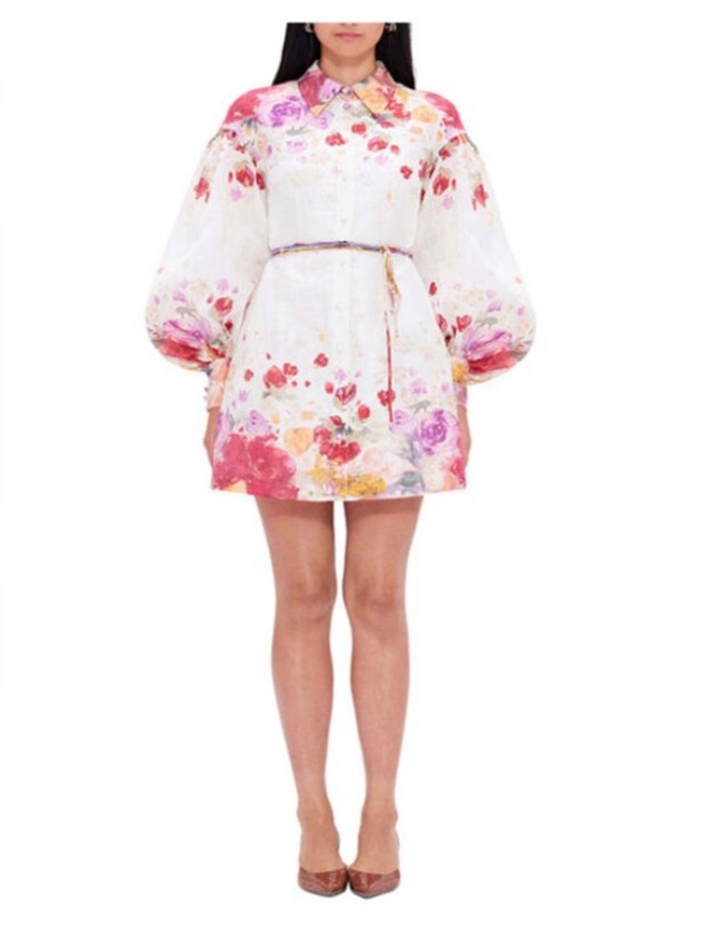 Leo Lin Juliana Linen Shirt Belted Puff Sleeve Buttoned Mini Dress AU10/US6 NWOT